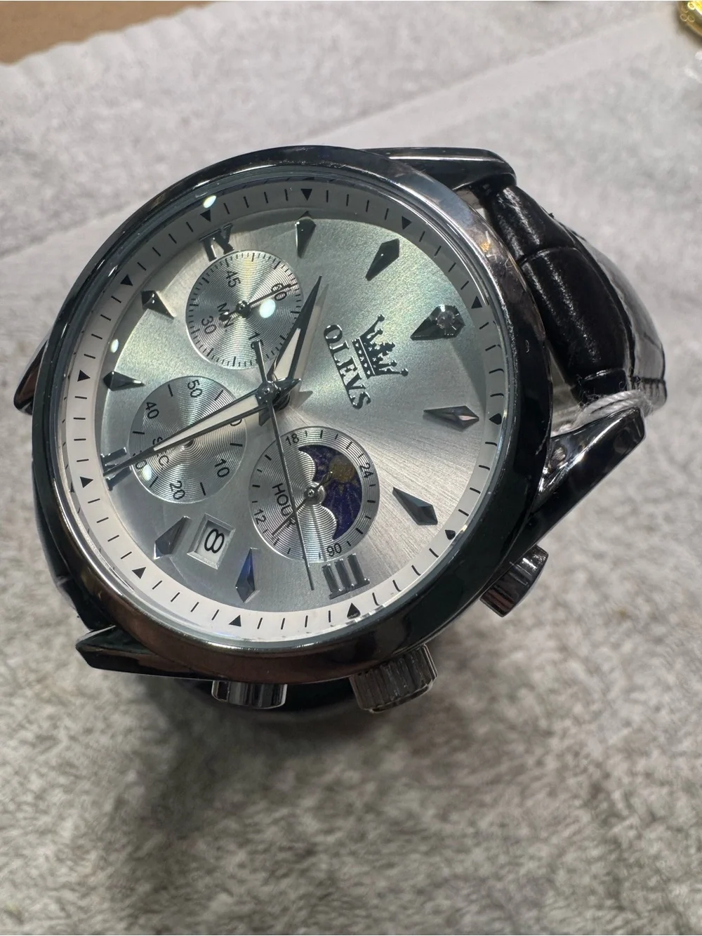 OLEVS Men’s Silver Dial Black Leather Strap Watch